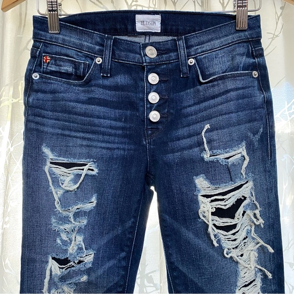 HUDSON Ciara S. Skinny Exposed Button fly ripped distressed skinny blue jeans - Picture 2 of 11